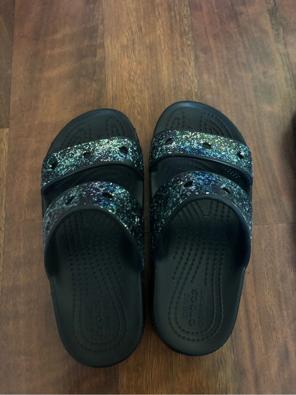 CROCS Kids Black Slides with Multicolor Glitter Straps